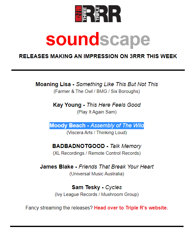 Hey <a href="/_MoodyBeach/">Moody Beach</a>, "Assembly of The Wild" has picked up station-wide profiling at Melbourne's amazing  <a href="/3RRRFM/">3rrrfm</a>! That's a high honor!

STREAM assemblyofthewild.lnk.to/MoodyBeach