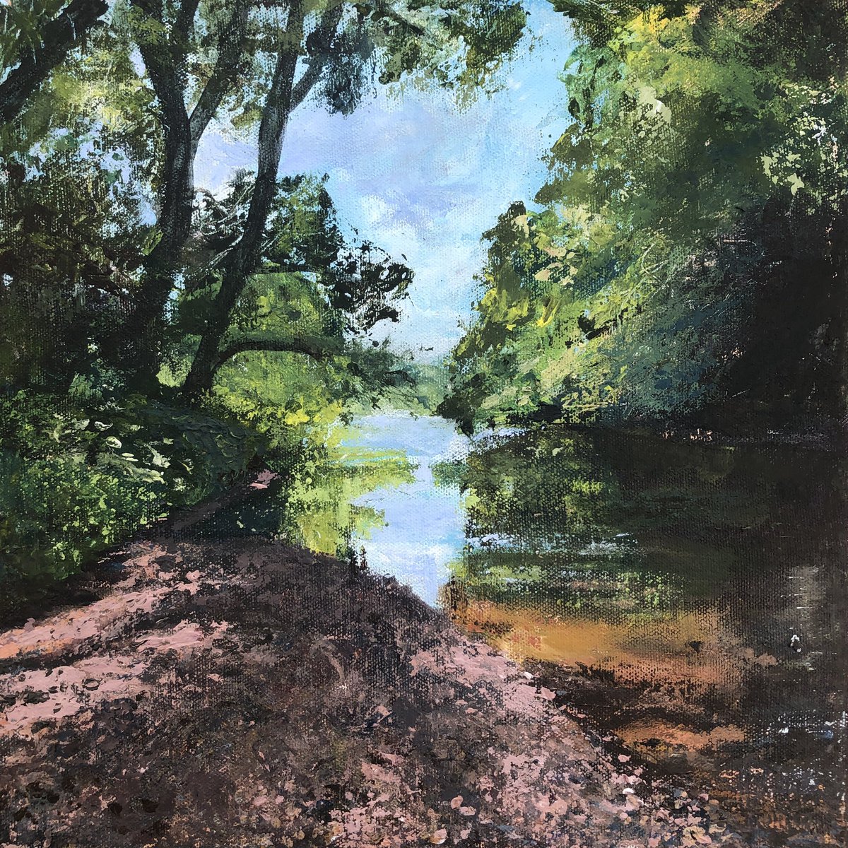 JanePowell65's tweet photo. A recent painting I did of the River Arrow at Wixford on a boiling hot day this Summer. A beautiful shady spot to sit and watch nature! 
@CanalRiverTrust #art #ArtistOnTwitter #landscapepainting #artwork #EmergingArtists #buyart #artforsale #paintingoftheday #nature #waterways https://t.co/2htG0J1ChL