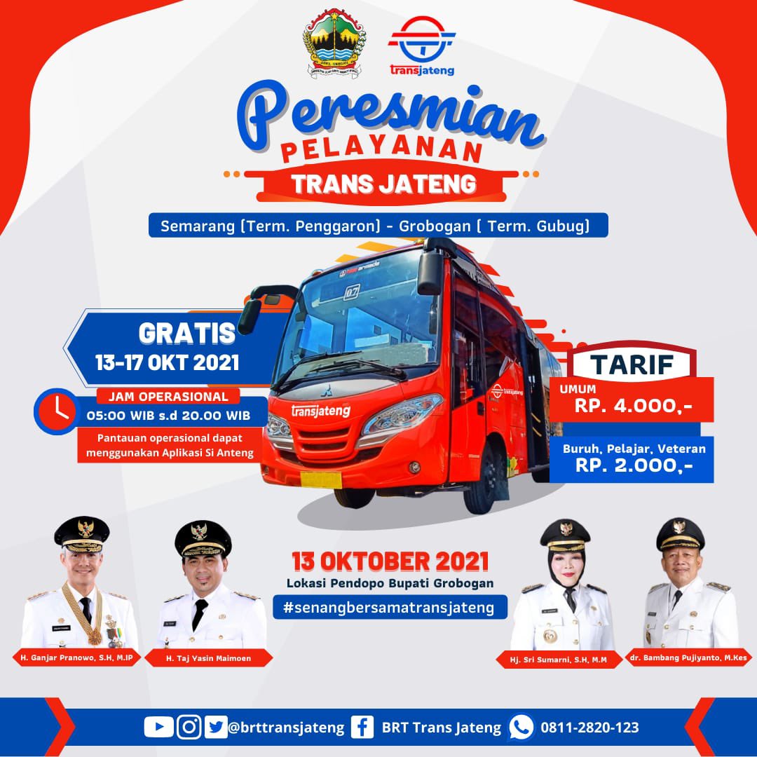 perhubunganjtg's tweet photo. Sesaat lagi peresmian awal layanan #transjatengsmgrobogan
Ada gratis 5 hari pertama lho!
Dari Terminal Penggaron-Terminal Godong-Terminal Gubug bisa naik @brttransjateng seru kan!
Tetap taati protokol kesehatan ya, wajib gunakan masker &amp; jaga jarak antar penumpang
@ganjarpranowo https://t.co/dX78NvVN9x