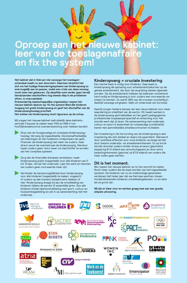 Loesypma's tweet photo. Oproep aan het kabinet: fix het kinderopvang systeem! Bied alle kinderen toegang tot gratis #kinderopvang en geef het afschaffen van de kinderopvangtoeslag prioriteit.

Investeer in kindontwikkeling én in de arbeidsmarkt. Fix the system @VVD, @D66, @CDA en @ChristenUnie! https://t.co/1m0UewMyuZ