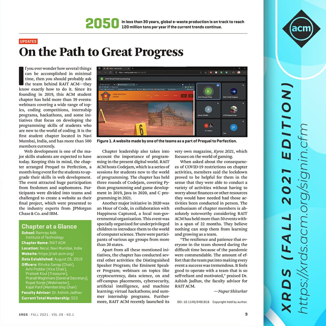 RaitACM's tweet photo. We are immensely proud🎉🎉 to announce that out of 850 ACM chapters‼️ all around the globe, @RaitACM Student Chapter has been featured in ✨XRDS Magazine✨( FALL 2021 edition) published by the International level Association for Computing Machinery (ACM). https://t.co/7nRkDtQMNs