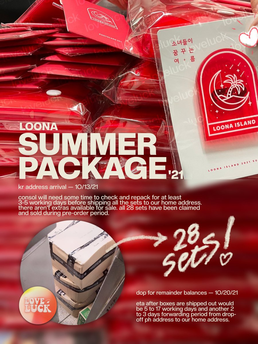 LOVELUCK_PH's tweet photo. ๐ #love_dates!
RE: loona summer package 2021
โ our kr consol received all of loveluck's summer packages. they'll need until the weekends to unbox everything and repack before shipping it to our 2 week feta box this monday. https://t.co/iC6WsVSsoS