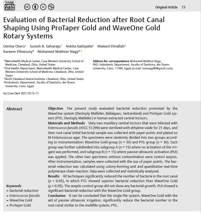 edrbjournal's tweet photo. European Journal of General Dentistry
Issue 02 · Volume 10 · 2021 @edrbjournal 
Evaluation of Bacterial Reduction after Root Canal
Shaping Using ProTaper Gold and WaveOne Gold
Rotary Systems
Denise Otero et al.
Open Access - Full-text 📖
https://t.co/It0CDh0Lou
#endodontics https://t.co/TvGmqCaZIx