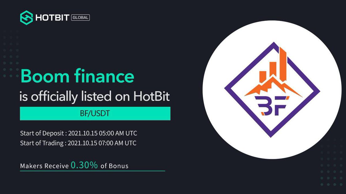 🔥 Boom finance #Airdrop (BF)
⭐️⭐️▪️ 2/3 stars
💰 Reward: 100 BF ~$35
👥 Referral: 30 BF ~$10.5
🏦 Exchange: Hotbit Exchange
🚀 Airdrop Link: t.me/BoomFinanceAir…

• Follow @BoomFinance1
• Like and retweet this Tweet

🌐 About Boom finance: Visit – boomfinance.net