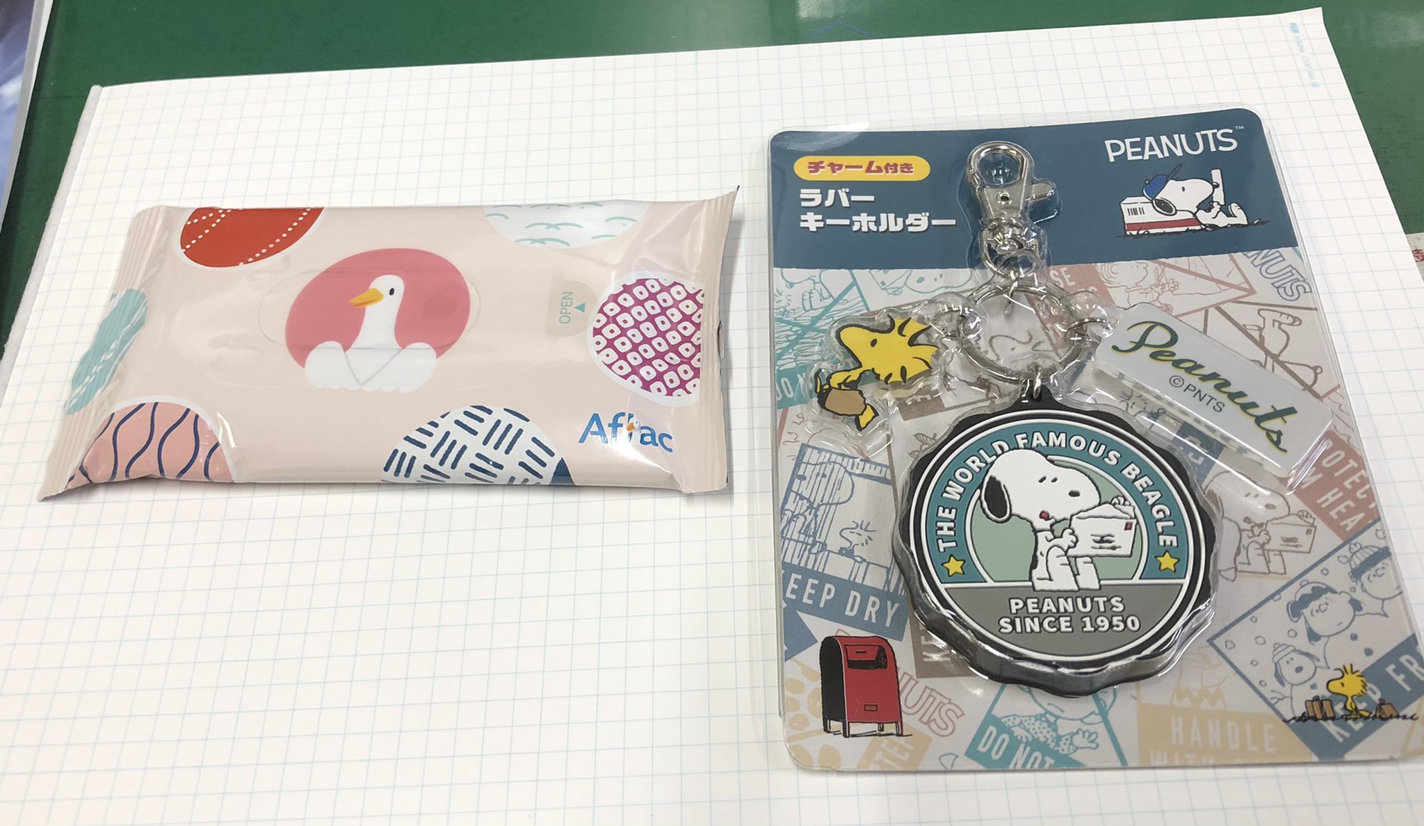 Miwako 郵便局に行ったら スヌーピーのキーホルダーが めちゃくちゃ可愛い ちょうど欲しかったので買ったら ウェットティッシュをおまけでくださいました アフラック ので こっちも可愛い スヌーピー アフラック アフラックダック T Co