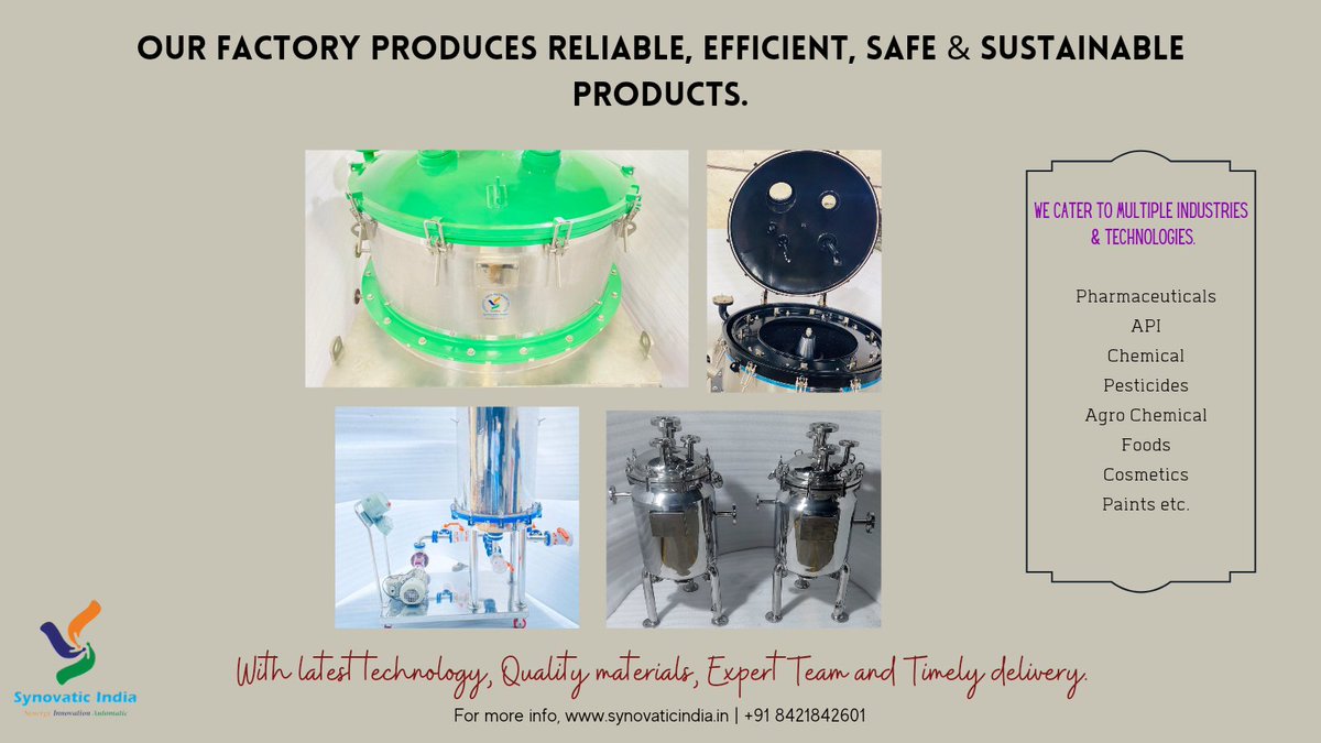 Synovatic's tweet image. Email- marketing@synovaticindia.in
Call- +91 7208006238
Website- synovaticindia.in

#SparklerFilter #PNF #PressureNutscheFilter
#Nutschefilter #centrifuge #ointmentplant #Synovaticindia #manufacturing #Manufacturer