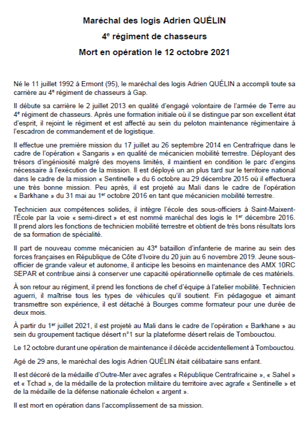 CEMAT_FR's tweet photo. Grande tristesse à l’annonce du décès accidentel du MDL Adrien QUÉLIN au cours de l’opération #Barkhane. Tout mon soutien à sa famille, ses amis et ses frères d’armes du #4RCH. L’@armeedeterre est à leurs côtés en ce moment de deuil. https://t.co/ZZ5yhUud5E