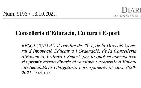 🏅 Premi extraordinari d'ESO. La nostra alumna Sara Abarca Arañena ha obtés un dels premis extraordinaris al rendiment acadèmic d’Educació Secundària Obligatòria corresponents al curs 2020-2021 que atorga la Conselleria d'Educació.

👏🏽👏🏻 Enhorabona!!