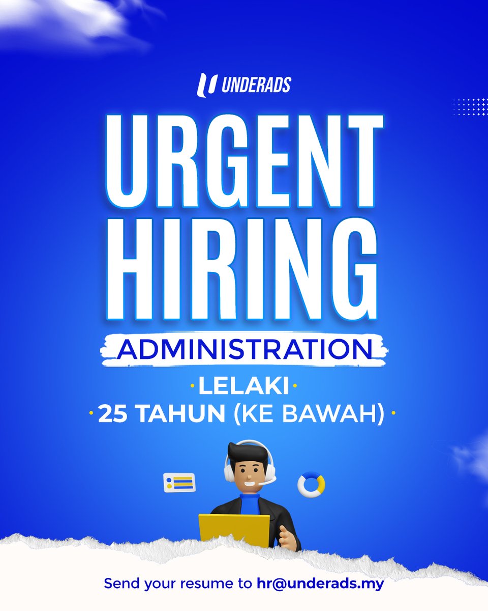 Underads1's tweet photo. JAWATAN KOSONG KEMASUKAN SEGERA !!
• Lelaki 
• Jawatan : Admin
• Basic Gaji : Rm 1,500 (Commission  Base Rm 5 Sekali Close Sale)
• Umur : 25 Tahun (Ke Bawah)
Jadi sebahagian dari team kami. Send resume di hr@underads.my https://t.co/8Uv4hO4Y7g