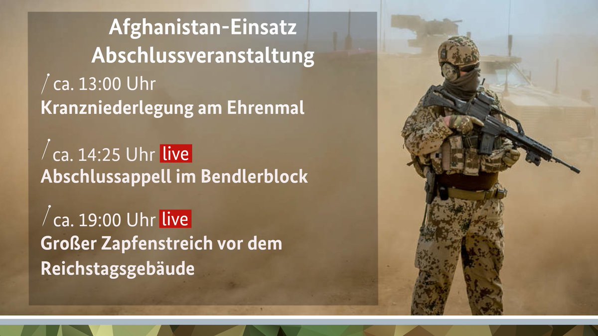 Guten Morgen! Heute ist ein großer Tag. Wir würdigen die Soldatinnen und Soldaten, die in Afghanistan im Einsatz waren mit einem Abschlussappell und einem Großen Zapfenstreich. Hier das komplette Programm zu #2001Afghanistan2021. Wir senden live.