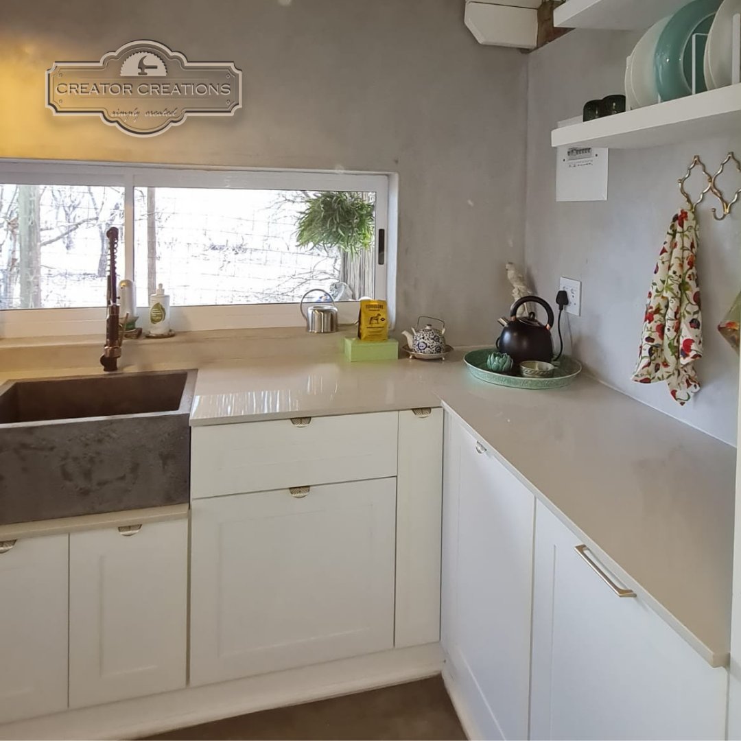 CreatorCreate's tweet image. A quick sneak-peak of a recent custom made kitchen design - White modern shaker style with gold leaf finishes in the new development @ Honey Badger Safaris 
Final photos of the rest of the kitchen and house to follow

creatorcreations.com  | +27 82 9288 633