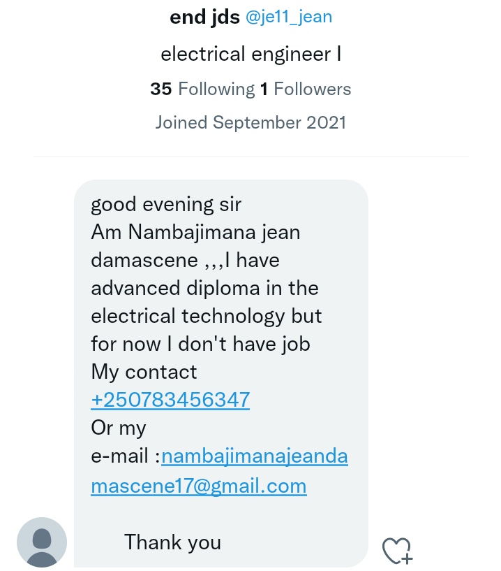 Nkuko nabibasezeranyije ko togomba gufashanya gushakira abantu akazi nukuri niba ukeneye umuntu cg ufite aho wamurangira bikore imana izaguhemba you can contact them kandi nawe niba ufite ibyo wize nyandikira DM you're the next✌✌✌

 <a href="/rukara_rwabishi/">RWABISHINGWE🇷🇼</a>          <a href="/je11_jean/">eng jay D</a>