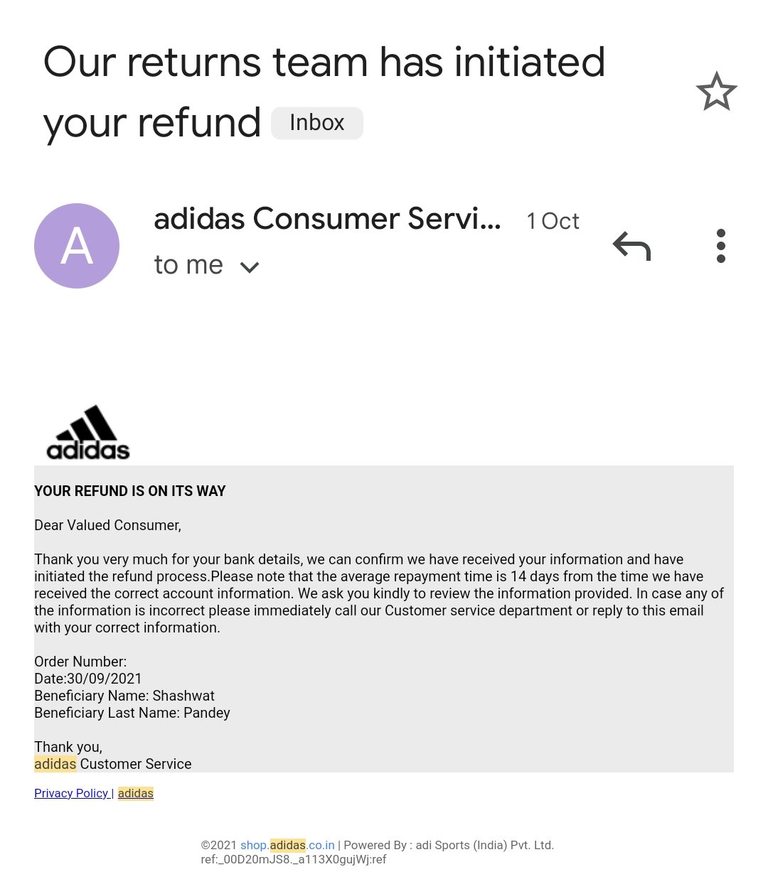 verzekering Minder dan Monarchie Shashwat Pandey on Twitter: "Terrible service from @AdidasIndia_ @adidas. I  returned a product on 29th of sep which I ordered from @AdidasIndia_.i was  promised that I'll get my refund within 14 days