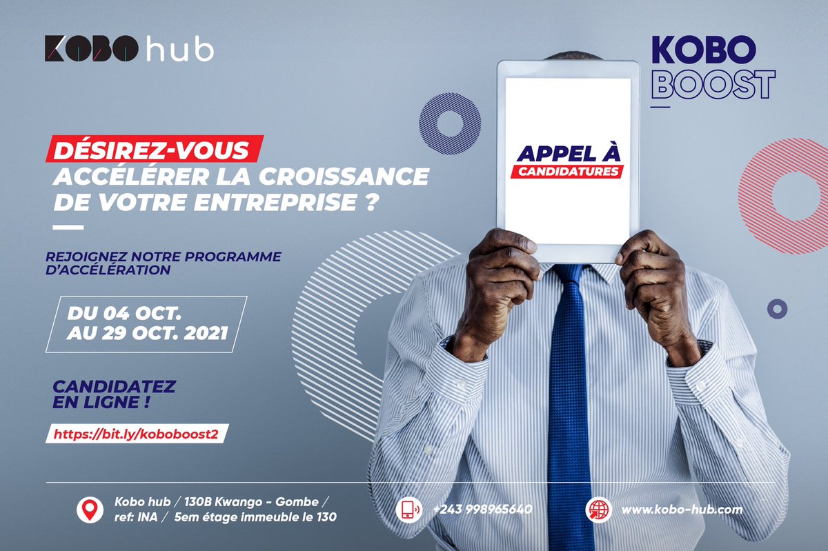 Vous voulez avoir des opportunités d’accroître votre business ? 
Nous vous offrons l’opportunité d’être accompagnée par des experts qualifiés, bénéficier d’un espace de travail et d’un appui à la recherche de financement. 
 bit.ly/koboboost2