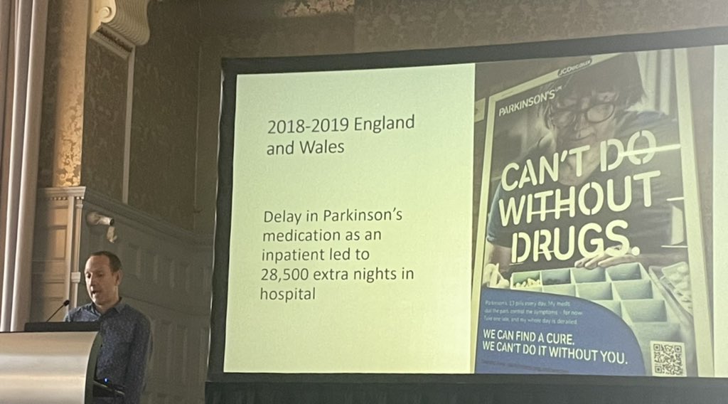 Great talk from @jonny_acheson on Parkinsons ‘pitfalls and pearls’ : 28,500 extra nights in hospital as result of delayed & missed meds!  #timecritical #lifecritical #THEACPConference2021