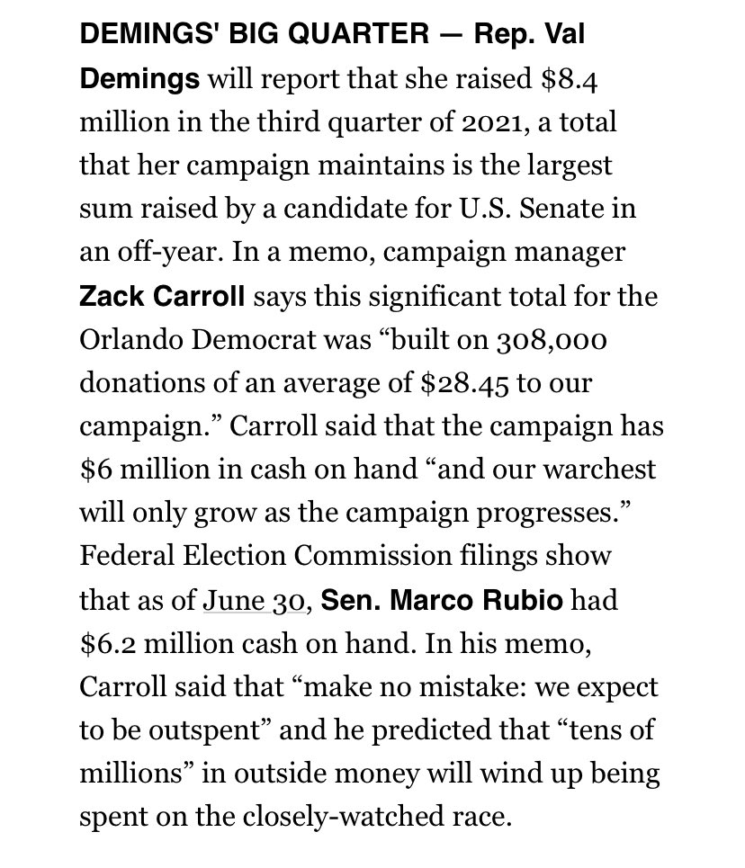 Rep. Val Demings reports raising $8.4m last quarter in her bid to unseat Sen. Marco Rubio. It’s one of the biggest cash-hauls for a Senate candidate in Q3

via Florida Playbook
politi.co/3pcRZv5