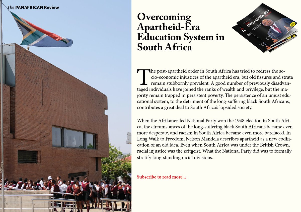 FezaUmuhireRw's tweet photo. "The persistence of an unjust educational system, to the detriment of the long-suffering black South Africans, contributes a great deal to South Africa’s lopsided society."
Overcoming Apartheid-Era Education System in South Africa
🖋️ @EKMatambo
#PanAfricanReviewMagazine https://t.co/y4Endigq4r