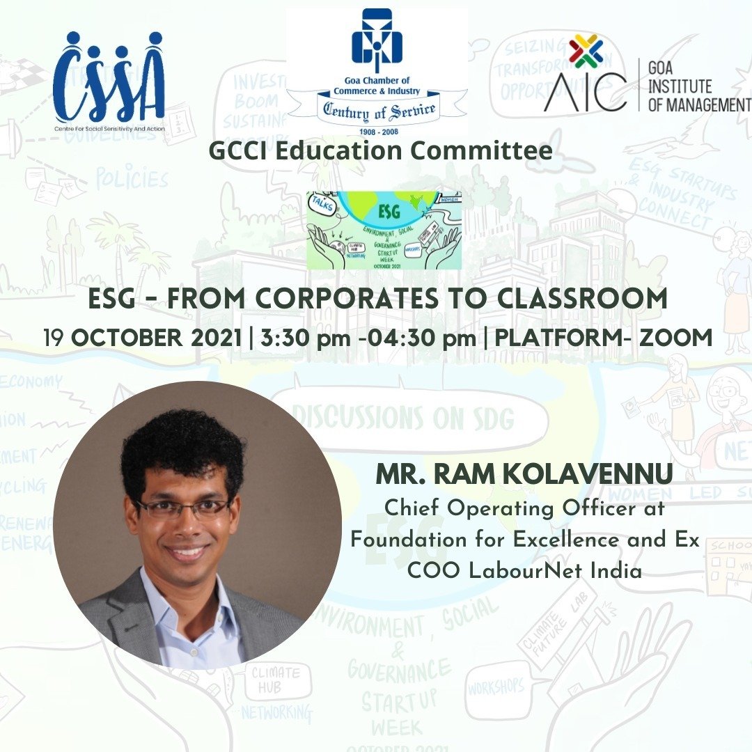 Look forward to this session on 19 October on 'ESG: Corporate to Classroom'  by @Ram_Kolavennu. 
In partnership with @aicgim, @EduComGCCI  and @cssagim 
The session would be equally useful for start-ups, industry, and academia. #ESGImpact #ESGStartupWeekathon
#Businesswithpurpose