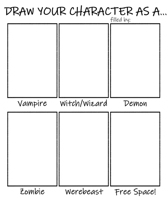 Made a classic halloween character drawing prompt for spooky season-- feel free to fill it in with your favorite character(s) or your OC if you'd like! :3 