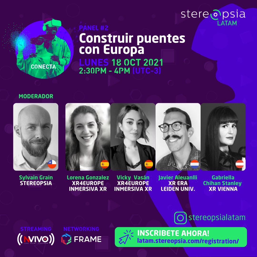 inmersivaxr's tweet photo. ¡El Lunes 18 comienza #StereopsiaLATAM!
😎A las 19.30 (CEST) participaremos en el panel "Construir puentes con Europa"🇪🇺 y después celebraremos un #NetworkingVirtual en el stand oficial de la sede española en @frame_vr. 🥳
¡Esperamos veros por allí! https://t.co/89BaDRX790