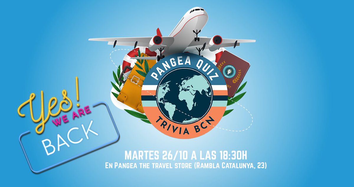 PangeaES's tweet photo. 📢 Qué ganas teníamos de anunciarlo... ¡vuelve PANGEA Quiz! ✈️
Será el 26/10 en #PANGEABCN y de la mano de @TriviaBcn con preguntas sobre viajes, gastronomía, música...
¡Los ganadores se llevarán una Caja Regalo de @paradores! 😍 ¿Te apuntas? 👇🏽
https://t.co/dtyEYNaZUn https://t.co/ftmVCUkBrC