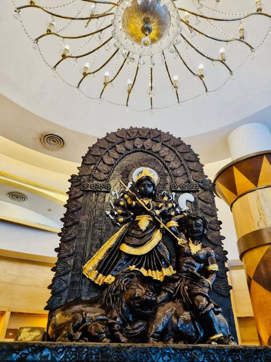 parkhotelsindia's tweet photo. Chocolate Durga at Flurys’ (@FlurysIndia) is a tribute to the greatest festival celebrated in Calcutta. It is 4 feet in height and weighs more than 25kgs. The idol will be on display at the iconic tearoom at THE Park Street and immersed in milk for “bisharjan” post the puja. https://t.co/SsNipIKaFo