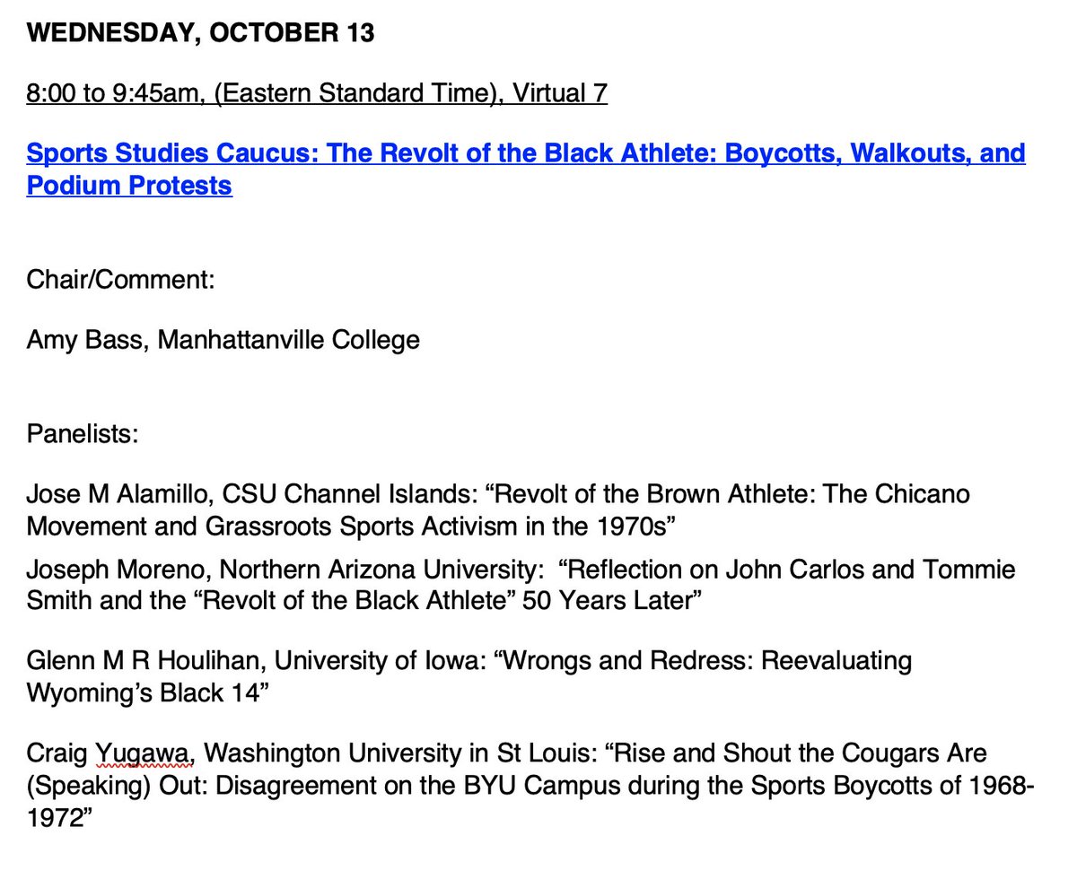 SportStudiesASA's tweet image. Good morning #2021ASA! Join us in 5 minutes for &quot;The Revolt of the Black Athlete: Boycotts, Walkouts, and Podium Protests&quot;!

Feat. @bassab1, @josealamillo, Joseph Moreno, @6af1s, &amp;amp; @BYU_craiggers!

asa2021.secure-platform.com/a/gallery/roun…