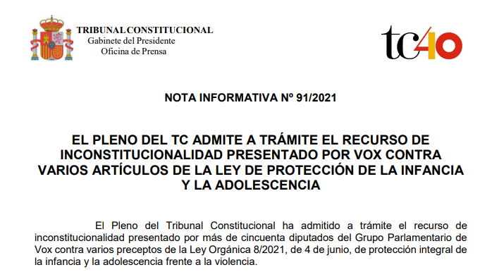 TConstitucionE's tweet photo. Nota de prensa | El Pleno del TC admite a trámite el recurso de inconstitucionalidad presentado por Vox contra varios artículos de la Ley de protección de la infancia y la adolescencia https://t.co/GCHkLyWmi9 https://t.co/80r8JVFKd5