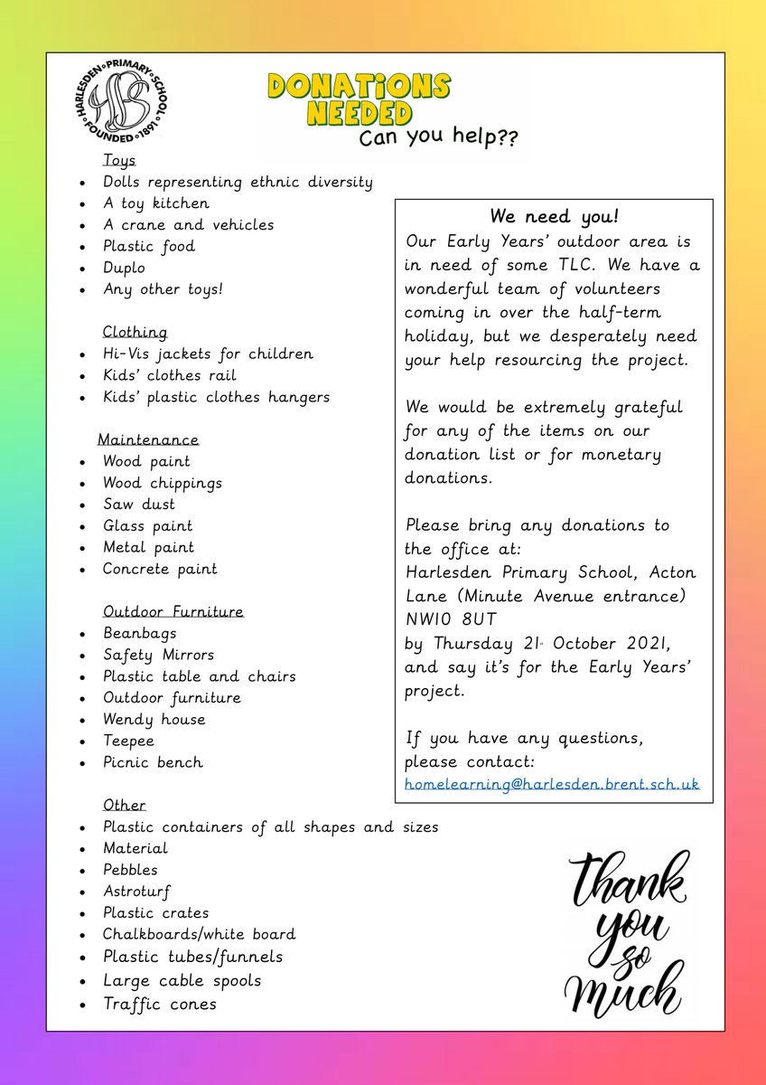 We are revamping our Early Years' outdoor space and really need the help of our community. If you can support us with any of the donations on the list, we'd hugely appreciate it! Thank you so much #help #donations #school #earlyyears #harlesden #brent #london #nw10 <a href="/loveharlesden/">Love Harlesden NW10</a>