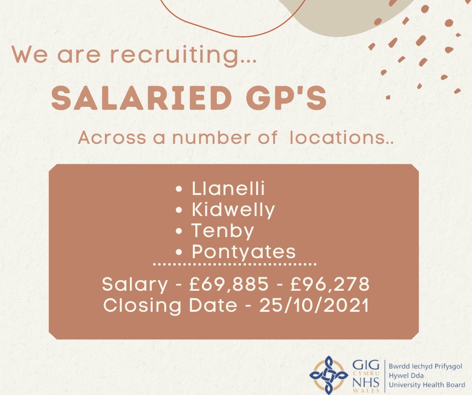 **Salaried GP's**

We are currently looking to recruit salaried General Practitioners in any one of our <a href="/HywelDdaHB/">Hywel Dda UHB</a> managed practices located in Llanelli, Kidwelly, Tenby and Pontyates.

Apply today...
hduhb.nhs.wales/jobs/...