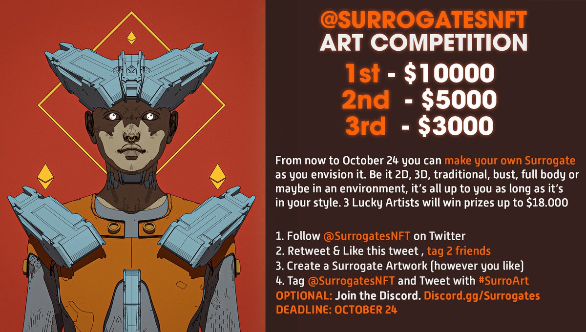 ✨SURROGATES ART COMPETITION✨
Dust off your tools artists. It's ART TIME!🎨
Make-A-Surrogate.

🟢PRIZES🟢
1st - $10000
2nd - $5000
3rd  - $3000

🟠RULES🟠
- RT, Like and Tag 2 Friends
- Follow <a href="/SurrogatesNFT/">SurrogatesNFT</a> 
- Create a Surrogate in your Artstyle
- Tweet your Art with #SurroArt