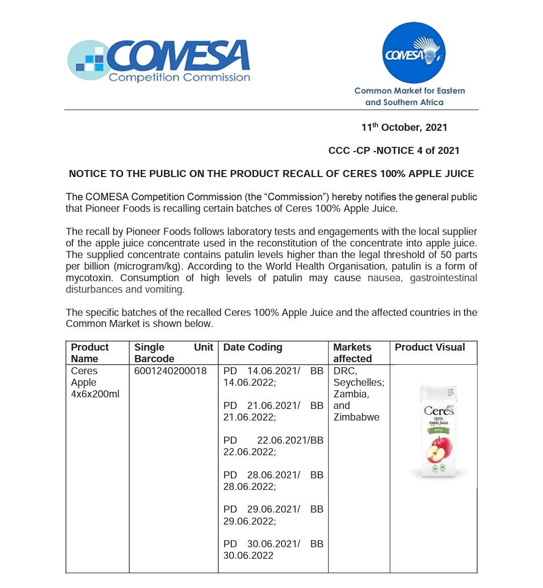 Cofek_Kenya's tweet image. #CofekRedAlert @comesa_lusaka competition agency bans use of toxic Ceres  juice. Its on sale in Kenya, DRC, Zambia, Zimbabwe, Uganda ... It contains high levels of #patulin, a form of #mycotoxin. It may cause nausea, gastrointestinal disturbances and vomiting @CAK_Kenya @KEBS_ke