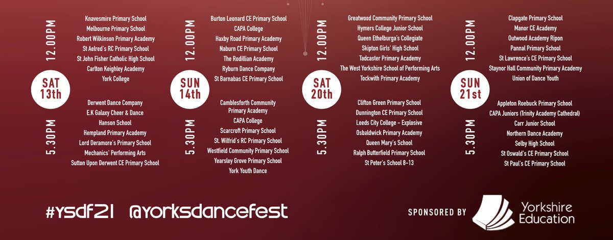 YorksDanceFest's tweet photo. Here's the full performance list! Are you on it? 55 shiny new performances in response to our #YSDF21 'The Power of Together'.
A big welcome to the 9 schools taking part in #YSDF for the first time. READ MORE... https://t.co/34k0WZaa2m
YSDF21 is sponsored by @Yorks_Education https://t.co/B3WDxJGrRy