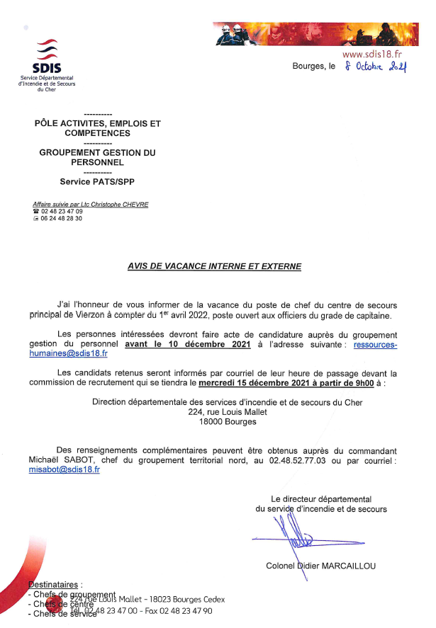 SDIS_18's tweet photo. 🚨 #poste de Chef de Centre de Secours Principal de #Vierzon a pourvoir au 1er avril 2022, ouvert aux officiers du grade #Capitaine.

Vous êtes intéressé ? envoyez votre #candidature (CV + lettre de motivation) avant le 10 décembre 2021 👇

 #emploi #recrutement #officiers https://t.co/baPNXLAv8F