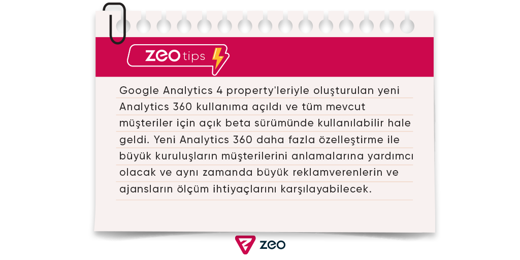 zeoagency's tweet photo. 📌 Google'ın, GA4 property'leriyle oluşturduğu yeni Analytics 360'ı kullanıma açtığını biliyor musunuz?
#google #googleanalytics #ga4 #analytics360 #zeotips https://t.co/RbQHV5cEiR