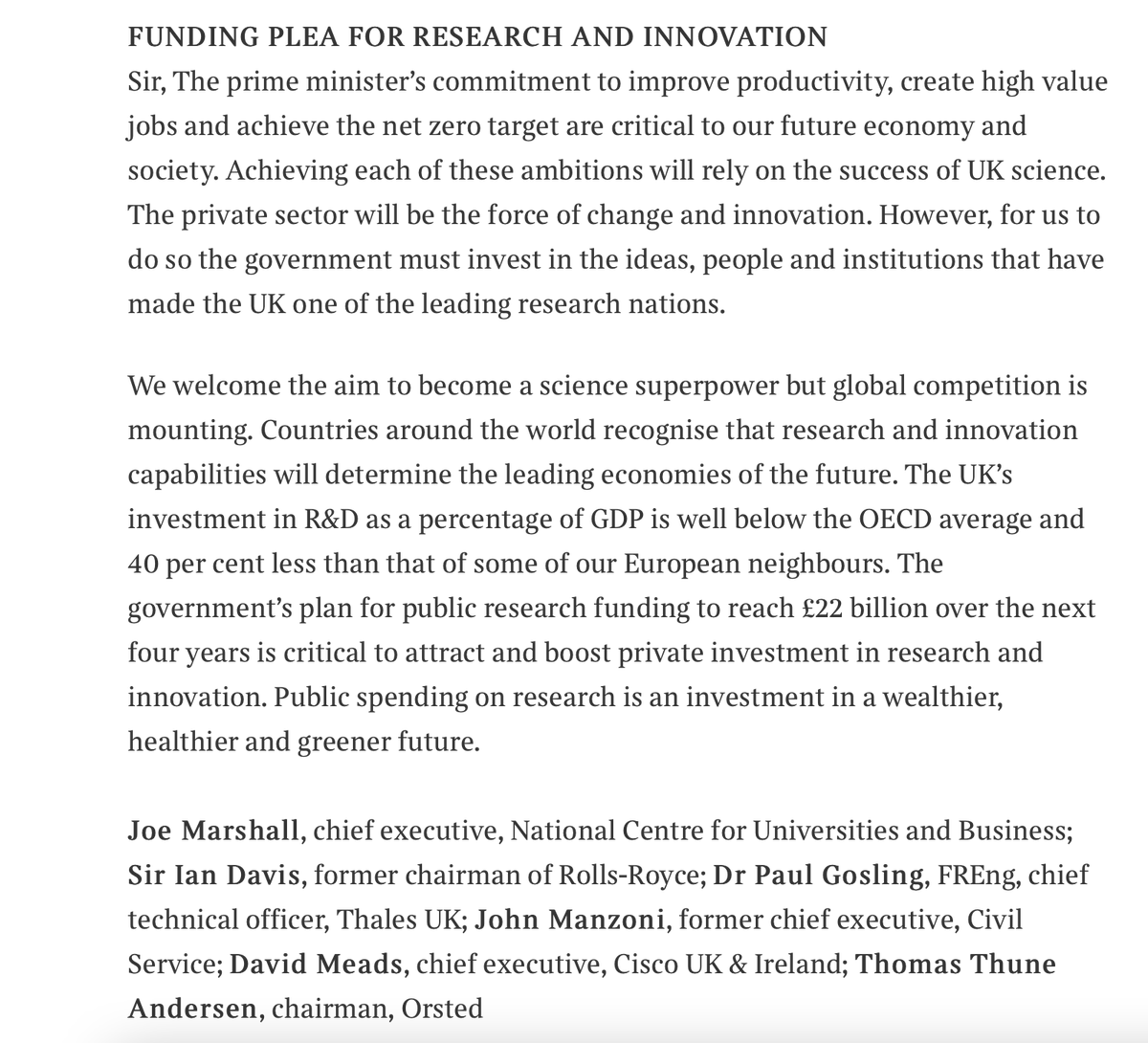 EngProfCouncil's tweet photo. @RishiSunak must not back off from the government's commitment to reach 2.4% of GDP spent of R&D by 2027 and 3% by 2030. Excellent letter from @NCUBtweets in the Times #ComprehensiveSpendingReview https://t.co/1Zrufac2mQ