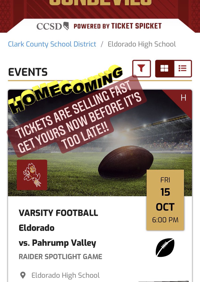Link for tickets to homecoming game this week is below. We have heard lots of alumni are planning to come, and it is a division matchup, so don’t wait til they are gone! Let’s goooo Sundevils!!  🔱 🏈 #seeitthrough  events.ticketspicket.com/agency/2b3aec5…