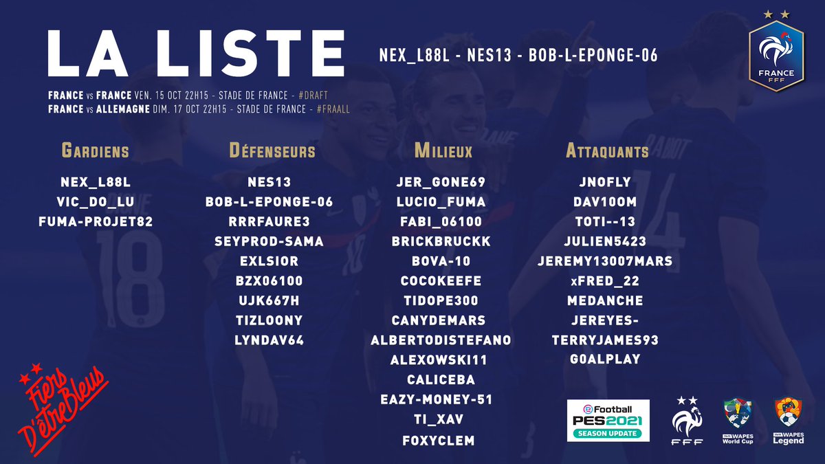 France11v11FUMA's tweet photo. Voici la liste des joueurs convoqués pour les matchs de vendredi et dimanche!
Des nouveaux intègrent le groupe #Lyndav64 #Julien5423 #foxyclem #cocokeefe
@WapesLeague @pes10vs10 @OnizukaOfficiel https://t.co/d72UVGHLPk