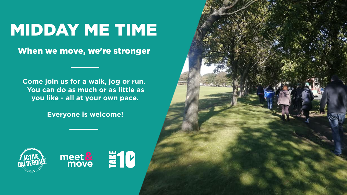 ActiveCdale's tweet photo. Break up your week and step outside with us this lunch for #MiddayMeTime π³
π Join us at Savile Park Halifax from 12.30pm.
Can't make it today? You can still join us by booking some time out of your day to #Take10 at home, work or in your local area.
#ActiveCdale #MeetAndMove https://t.co/waXfE9w8bR