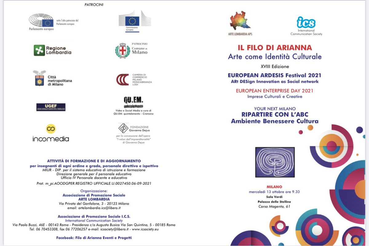 h 9.30-12.30, 18° edizione di #IlFilodiArianna - L'arte come identità culturale
Il filo conduttore del programma è la ripartenza – dopo l’emergenza di Covid-19 in ambito culturale, sociale, economico – iniziando 
dall'ABC, cioè da Ambiente, Benessere e Cultura
#fondazionestelline