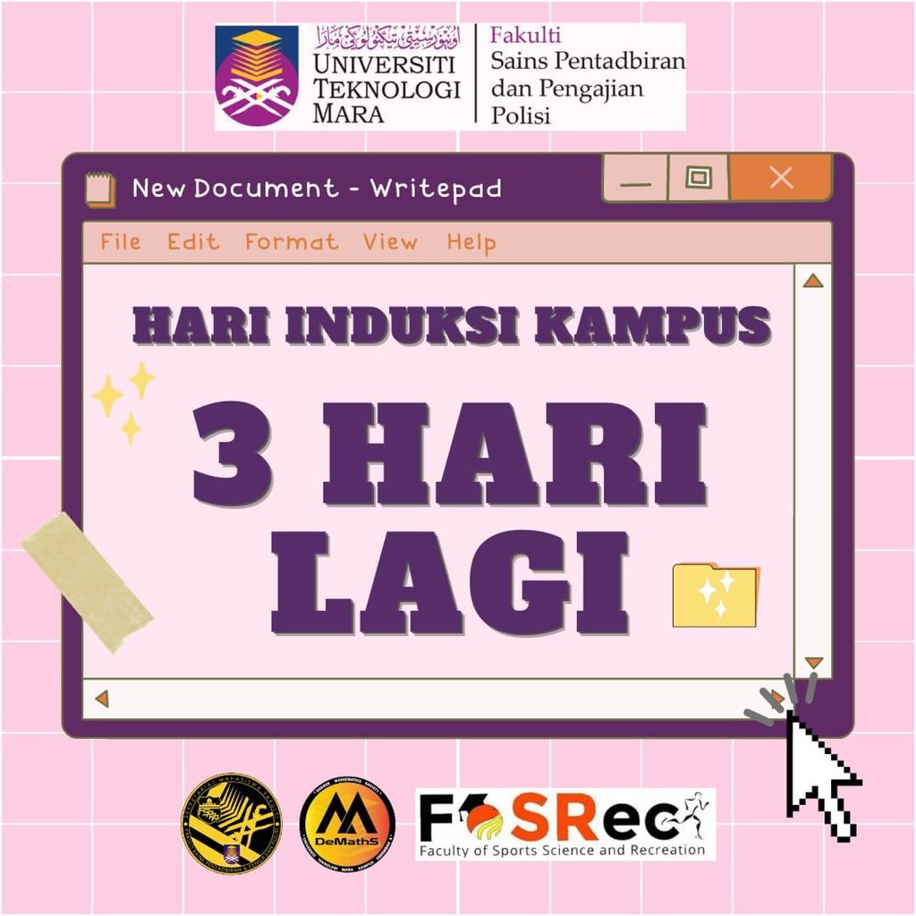 sascomms3's tweet photo. Join SMFSPPP for Hari Induksi Kampus UiTM Seremban 3 on 16th of October 2021.

This event will be presenting 23 clubs for students to join. Link will be provided! 
Do join us to find out more! And let the countdown begins 😉

#HariInduksiKampus 
#SMF #Fsppp #Demaths #Fosrec #UiTM https://t.co/SXK3CvYg5P