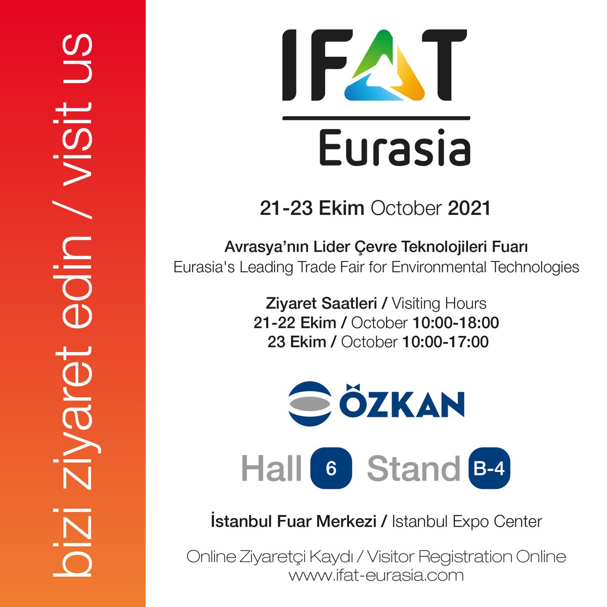 21-23 Ekim tarihlerinde, İstanbul Fuar Merkezi’nde düzenlenecek olan IFAT Eurasia fuarında olacağız. Ürünlerimizi incelemek ve ekibimizle tanışmak için Hol 6’daki B-4 numaralı standımıza bekleriz.

Kayıt için: ifat-eurasia.com

#özkan #hawle #ifateurasia #istanbul #turkey