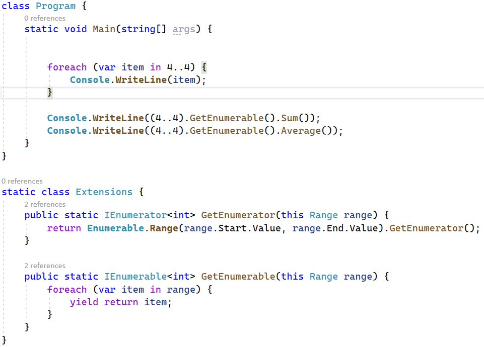 fonssonnemans's tweet photo. @STeplyakov How about adding a GetEnumerable() extension method to Range. This allows you to use all LINQ methods on it. 
#csharp9

Demo using Sum() and Average(). https://t.co/d2CZs62Mu9