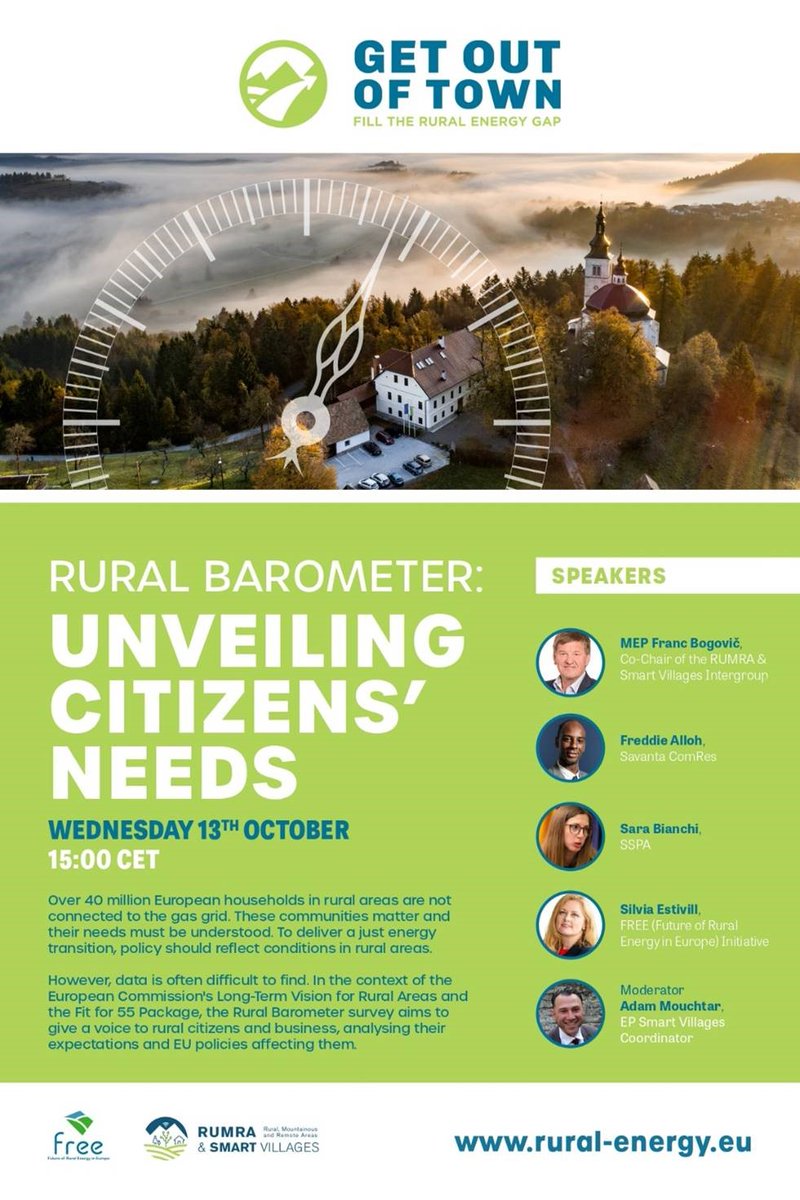⏲️LAST CALL to join our Get Out Of Town webinar with MEP <a href="/Franc_Bogovic/">Franc Bogovič</a>, Freddie Alloh, Sara Bianchi, <a href="/estivillsilvia/">silvia estivill</a> and <a href="/AdamMouchtar/">Adam Thomas Mouchtar 🇪🇺</a> as moderator. 

Register here: bit.ly/3Dl4oRn

#RuralBarometer #RuralAreas #EnergyPolicy