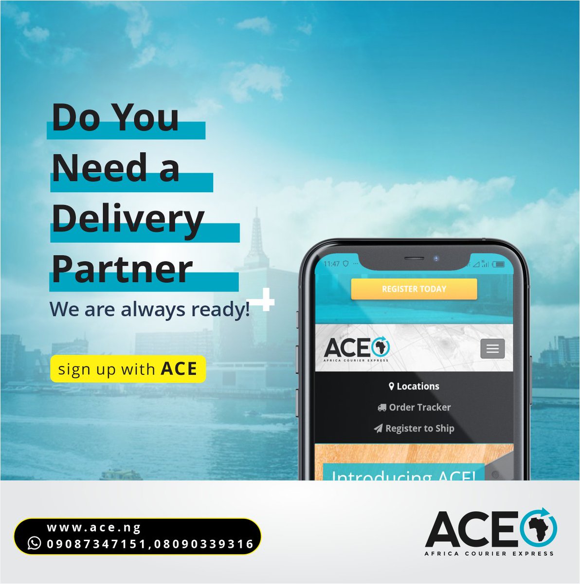 ACECourierExp's tweet photo. A  delivery partner you can always trust. Sign up to enjoy our services.
#AfricaCourierExpress #Bestrates #nationwidedelivery  #Deliveryyoucantrust #PaymentOnDelivery #Courierservice #Deliveryservice #shipwithACE https://t.co/26kkA3oJJH