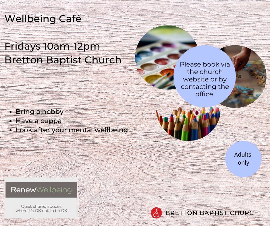 We've recently opened a #RenewWellbeing café. Bring a hobby to do or to share, we'd love to see you.

Please book via our website: brettonbaptist.church/whats-on