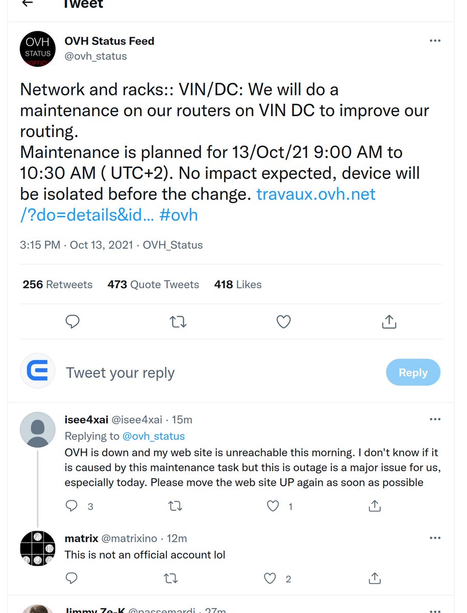 EasyCron's tweet image. Some other users are complaining at an OVH&apos;s related tweet. It&apos;s not only EasyCron that has been affected.