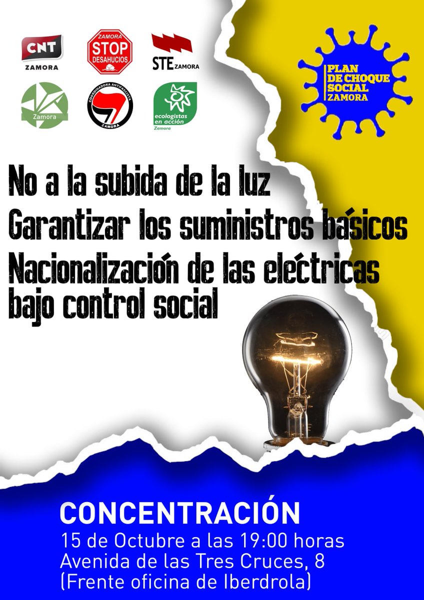 El viernes 15 a las 19:00 horas las organizaciones que formamos parte de <a href="/PlanChoqueZam/">Plan De Choque Social Zamora</a> saldremos a la calle ante la incesante subida del precio de la luz por parte del oligopolio de las empresas eléctricas y la inacción de gobierno de coalición ante ese abuso.
