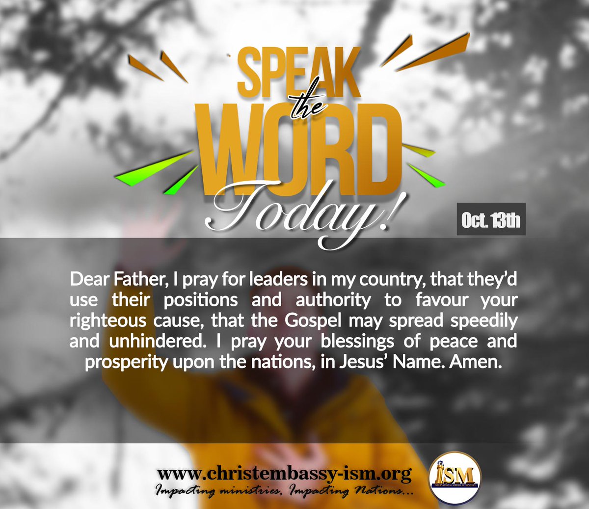 ismmconnect's tweet photo. Dear Father, I pray for leaders in my country, that they’d use their positions and authority to favour your righteous cause, that the Gospel may spread speedily and unhindered. I pray your blessings of peace and prosperity upon the nations, in Jesus’ Name. Amen.

#ISM https://t.co/MuDVQWoIaP
