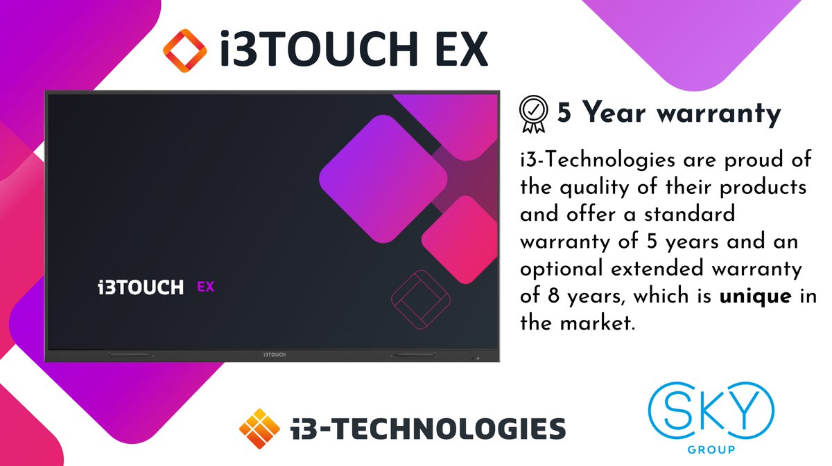 nology_sa's tweet photo. The @i3_Technologies 𝗶𝟯𝗧𝗢𝗨𝗖𝗛 𝗘𝗫 is a fully-stacked interactive touch display to inspire in any meeting.
Did you know that #i3-Technologies offer a 𝘀𝘁𝗮𝗻𝗱𝗮𝗿𝗱 𝘄𝗮𝗿𝗿𝗮𝗻𝘁𝘆 of up to 𝟱 𝘆𝗲𝗮𝗿𝘀, which is unique in the market.
https://t.co/ao2KLrLget
#i3TOUCH https://t.co/qSlbutC8Xq